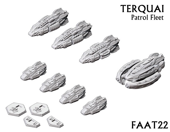This Fleet includes 1 Alkonost Class Assault Carrier, 3 Cruisers (components can make either Turale Class Torpedo Cruisers or Arual Class Assault Cruisers), 4 Sular Class Frigates, 2 Large SRS Tokens, 2 Small SRS Tokens and 1 Tactical Ability Card Deck