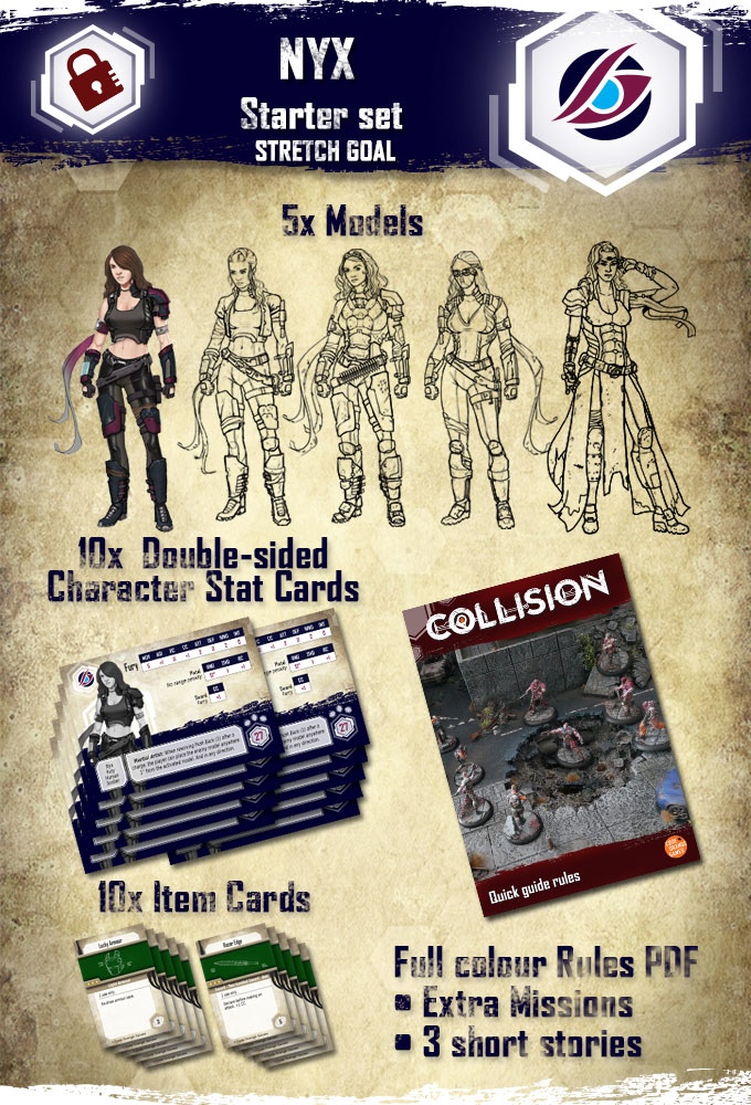 the nyx starter set includes 5 miniatures, 10 double-sided stat cards and 10 item cards