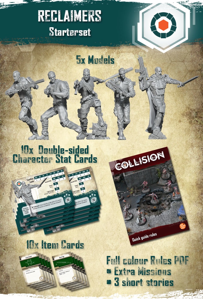 the reclaimer starter set includes 5 miniatures, 10 double-sided stat cards and 10 item cards