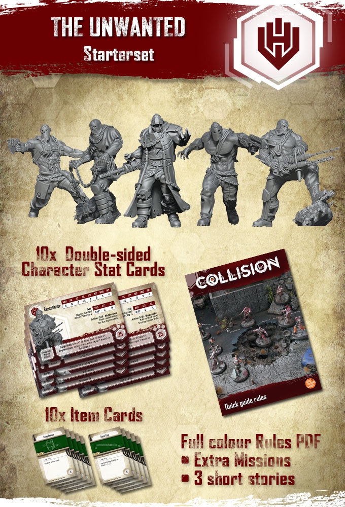 the unwanted starter set includes 5 miniatures, 10 double-sided stat cards and 10 item cards