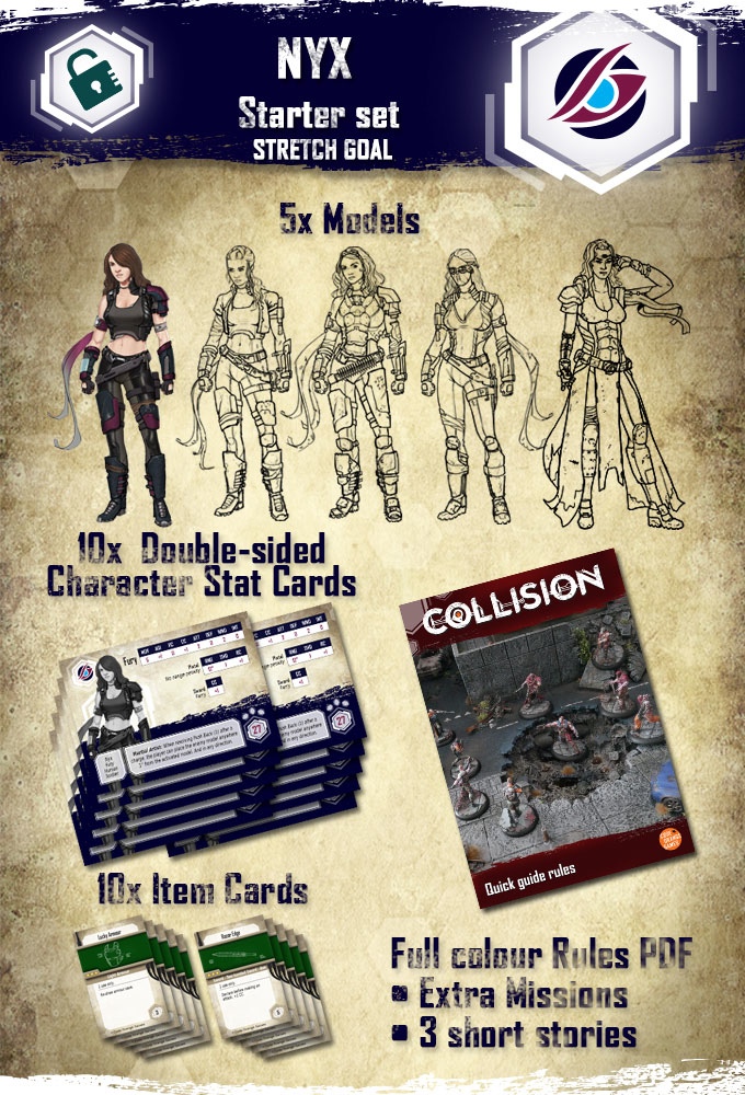 The box contains 5 highly detailed models, 10 double sided character stat cards and 10 item cards.