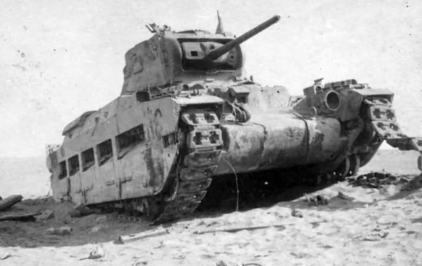 A destroyed Matilda II tank in the Western Desert. 